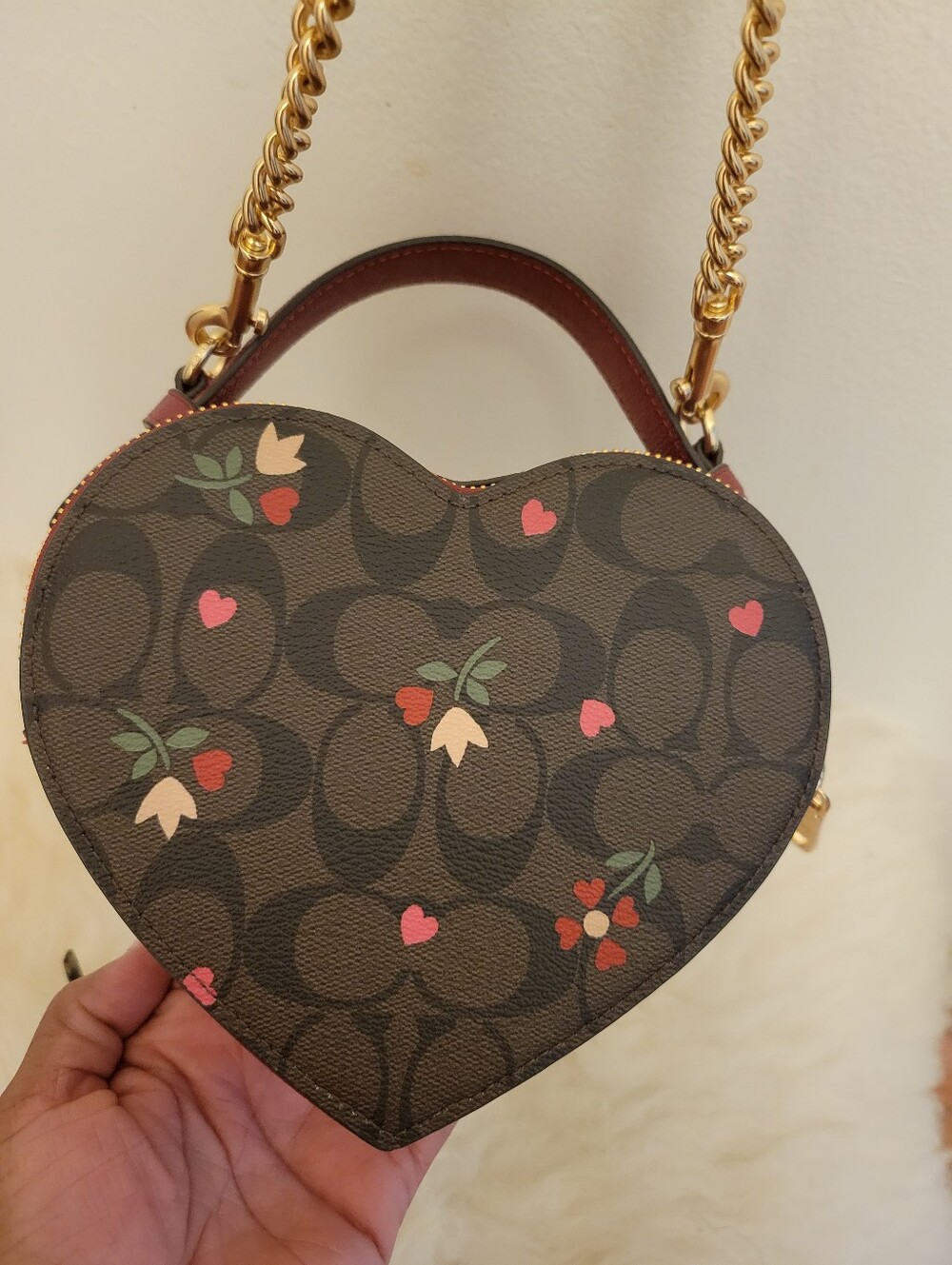 Coach Heart-Shaped Signature Canvas Mini Crossbody in Brown with Pink Accents - Picture 2 of 7
